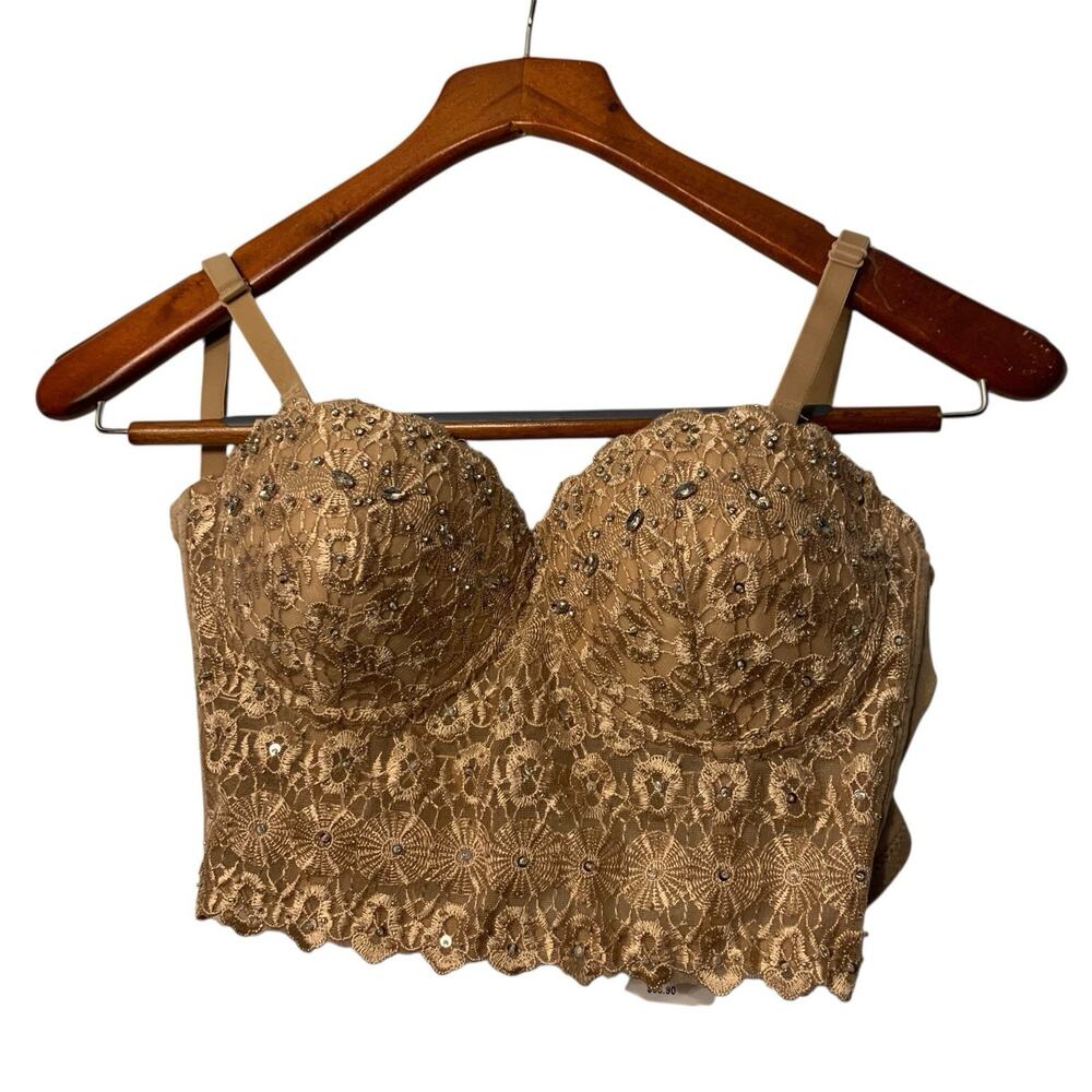 Windsor Daring Embellished Beige Beaded Bra Corset Bustier Crop Top Bling Sz. Sm